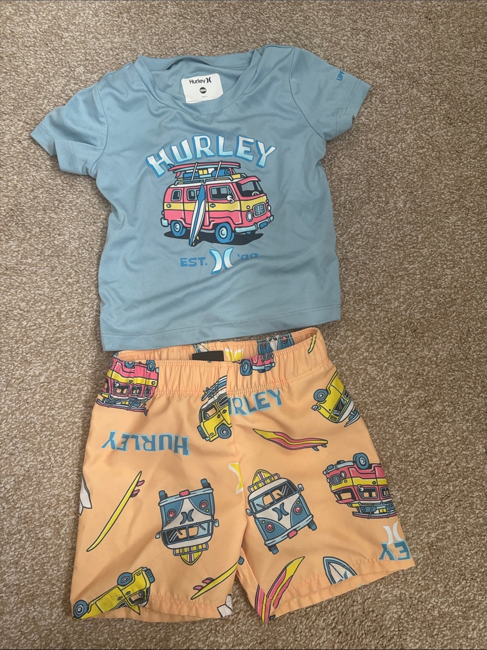 Hurley UPF 50 Light Blue Top & Peach Surf Van Print Kids Swim Set